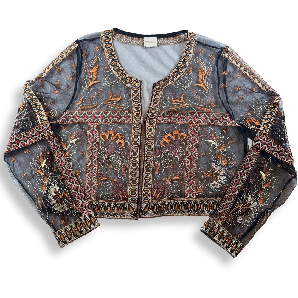 Chicos Sheer Mesh Embroidered Cropped Jacket Black Floral Boho Open Front Womens